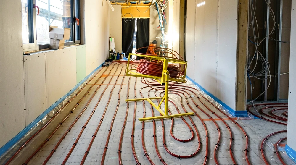 Chantier intérieur en cours, un ouvrier installe un plancher chauffant hydraulique