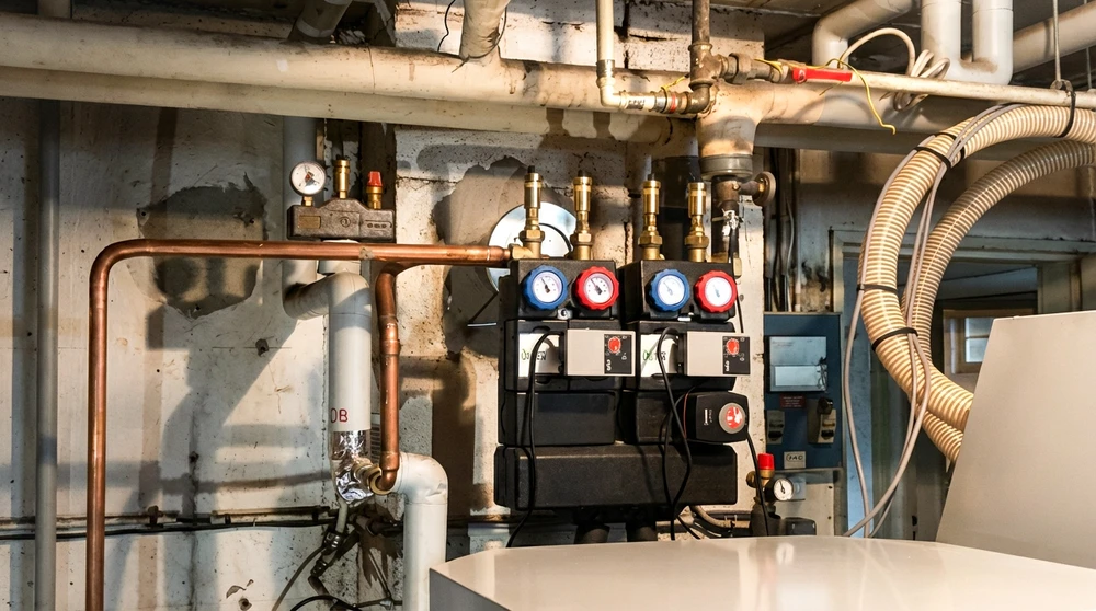 Chaufferie en sous-sol avec réseau de tuyauterie complexe