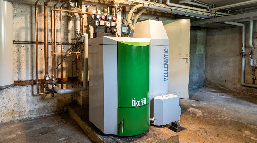 Chaufferie en sous-sol avec chaudière à granulés de bois **ÖkoFen Pellematic**, unité principale verte et grise