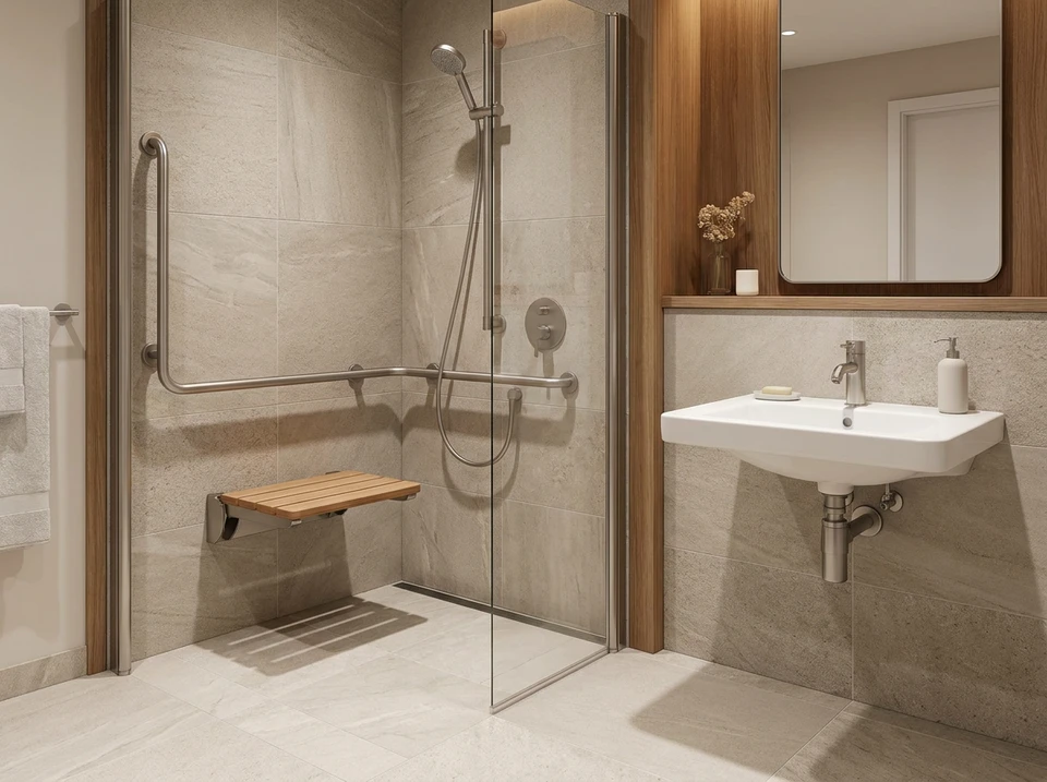 Main dans salle de bain carrelée turquoise et blanche tenant barre d'appui métallique chromée