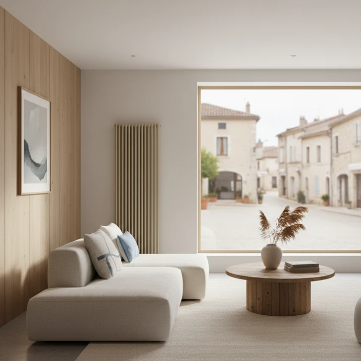 Intérieur résidentiel avec radiateur à panneaux en acier blanc diffusant de la vapeur d'eau chaude