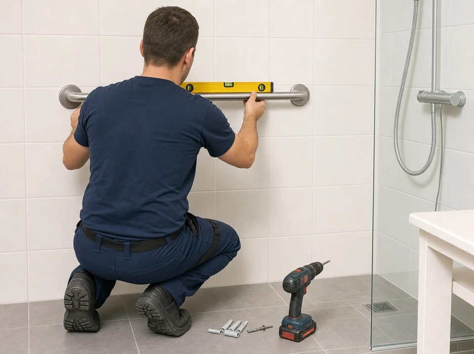 Plombier réparant un mitigeur de baignoire dans une salle de bain carrelée