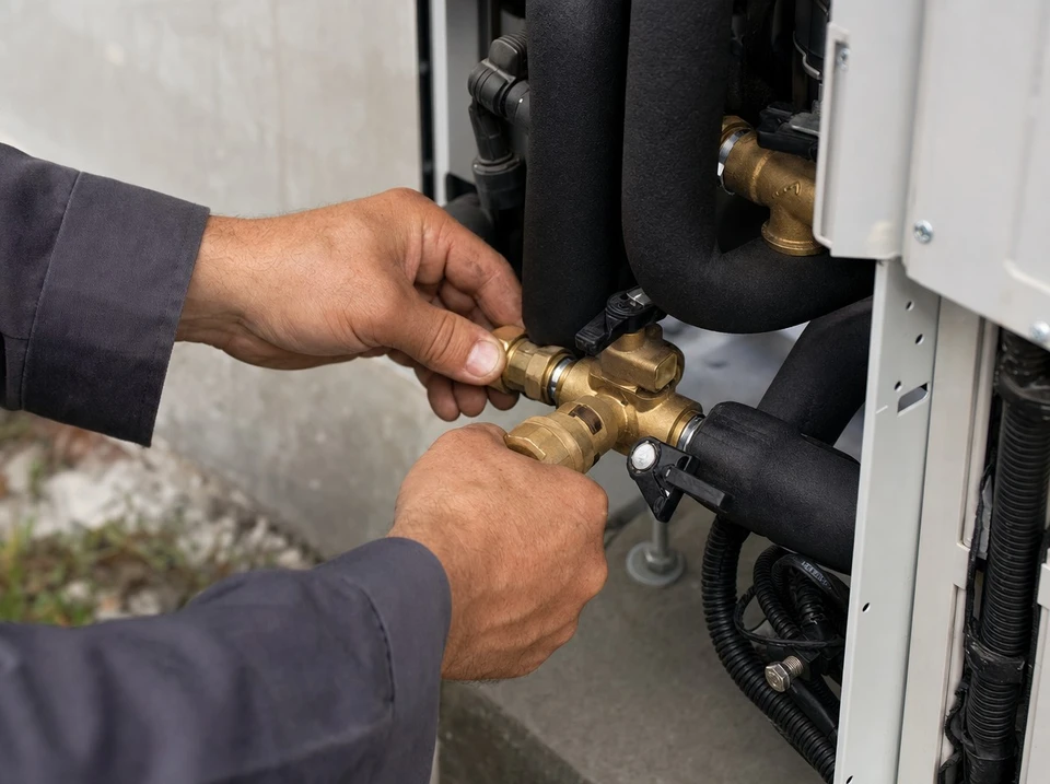 Homme travaillant sur un radiateur près d'une fenêtre dans un intérieur résidentiel moderne