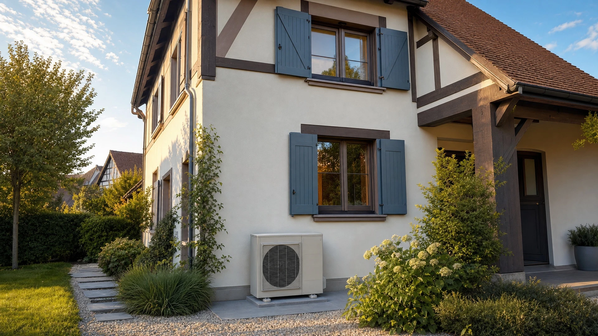 Extérieur résidentiel moderne avec pompe à chaleur air-eau installée sur socle béton contre façade blanche
