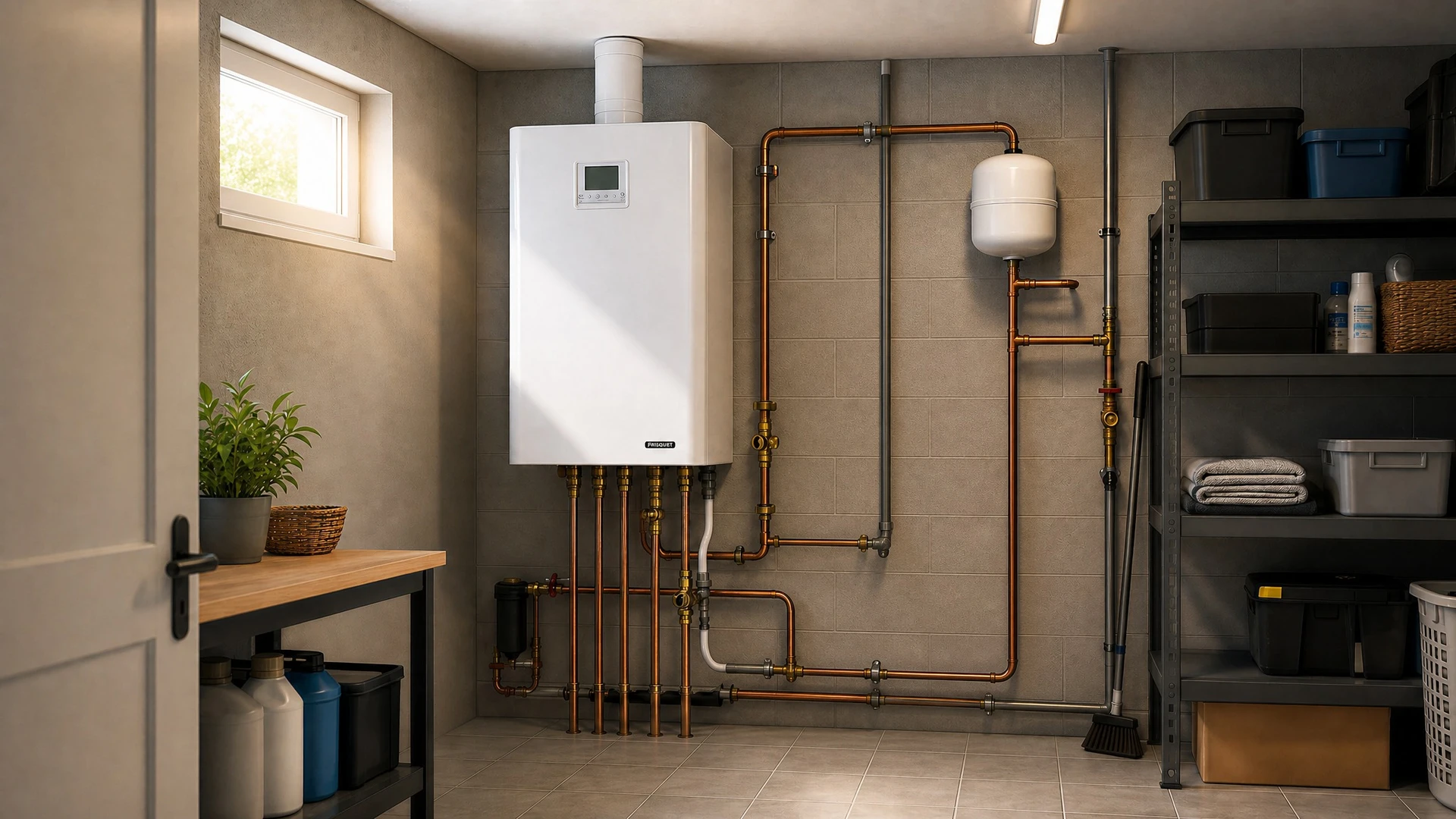 Technicien en plomberie travaillant dans une chaufferie résidentielle, ajustant une canalisation avec une clé à molette rouge
